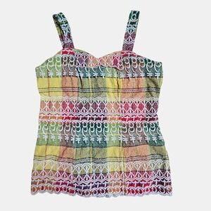Vintage 70's Handmade Embroidered Plaid Tank Top S Retro Blouse Hippie Boho Chic